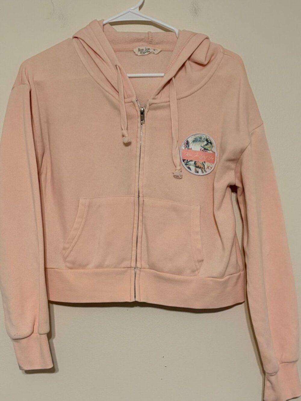 Women's Pink Ron Jon Surf Shop Cropped Zip Up Hoodie Sweatshirt Size Small